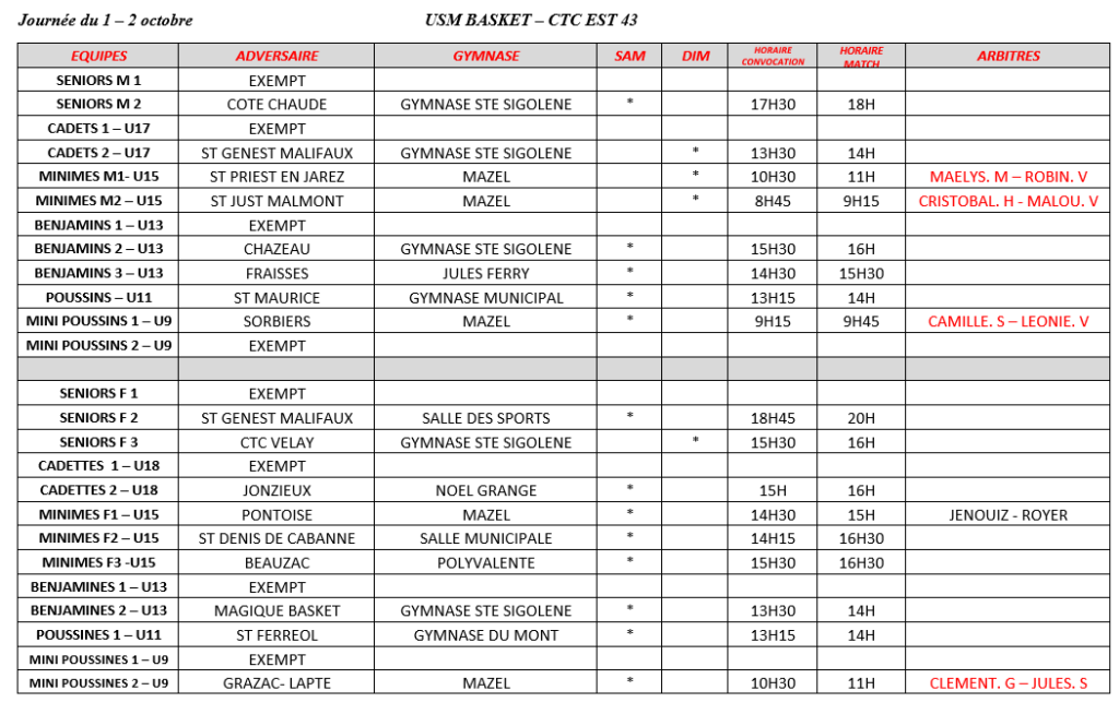 Planning 1 et 2 oct